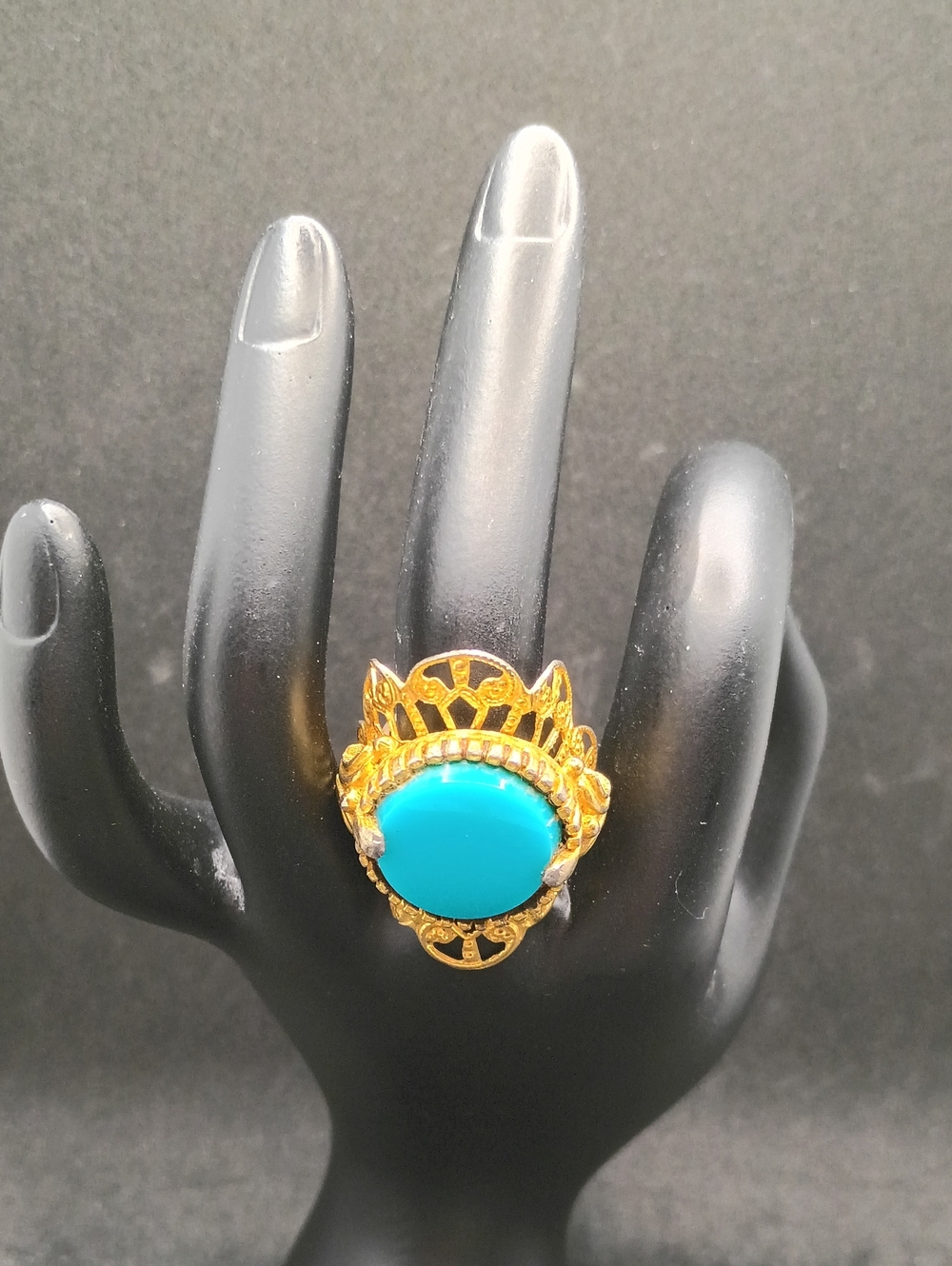 Size 6.75 Gold-Tone Ring with Turquoise Cabochon